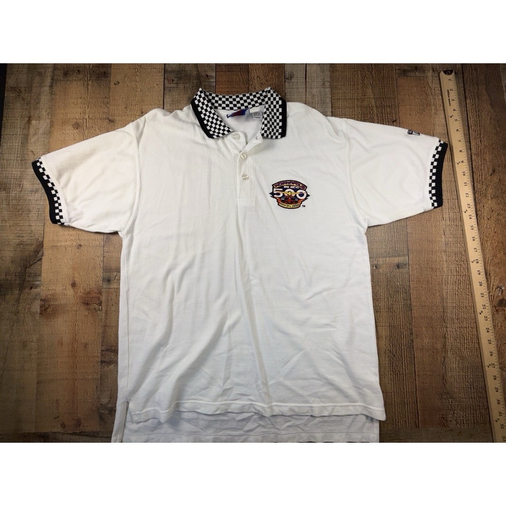 Vintage 1998 Indy 500 Logo 7 Polo Shirt Mens M White Checkered Racing 90s